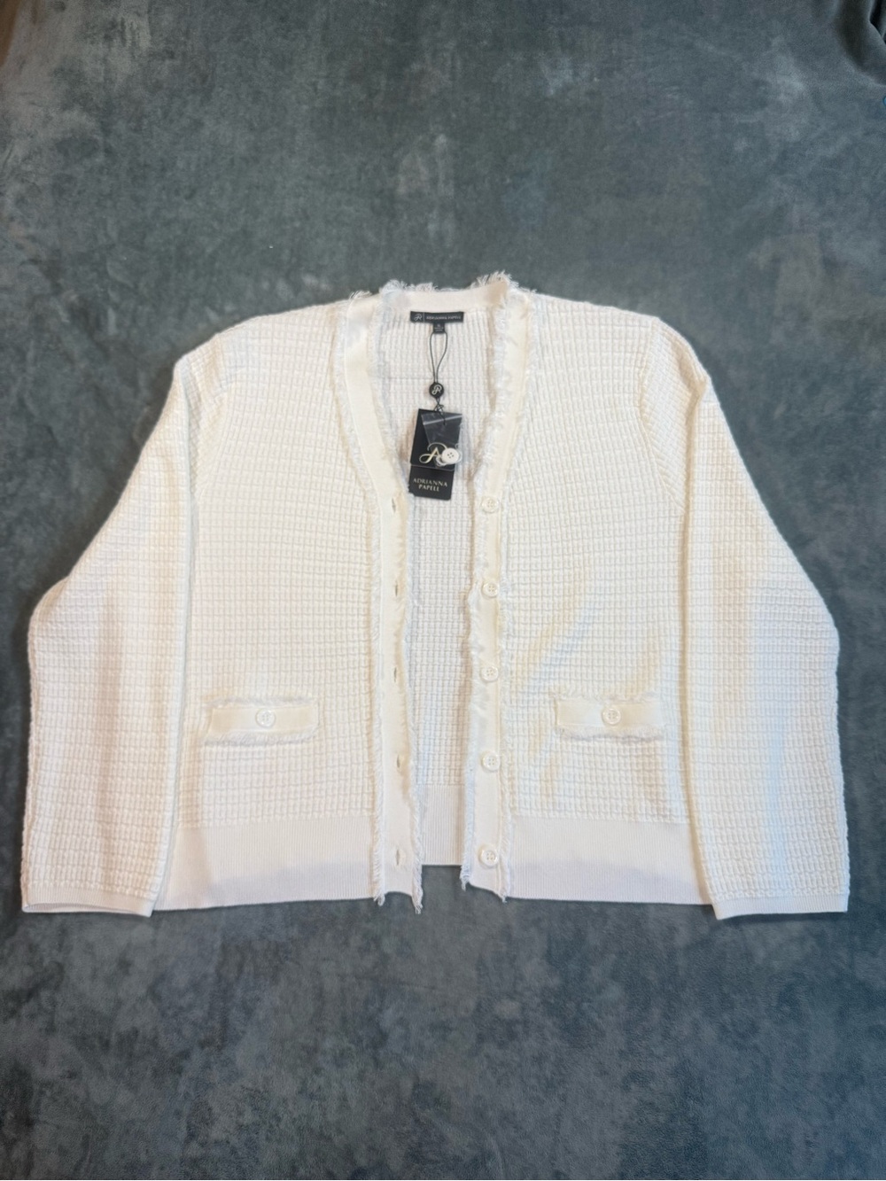 NWT Adrianna Papell XL Ivory Textured Fringe Trim Cardigan Jacket Quiet Luxury